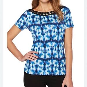 Rafaella Printed Tie-Dye Grommet Corded Short Sleeve Top Size Petite Medium